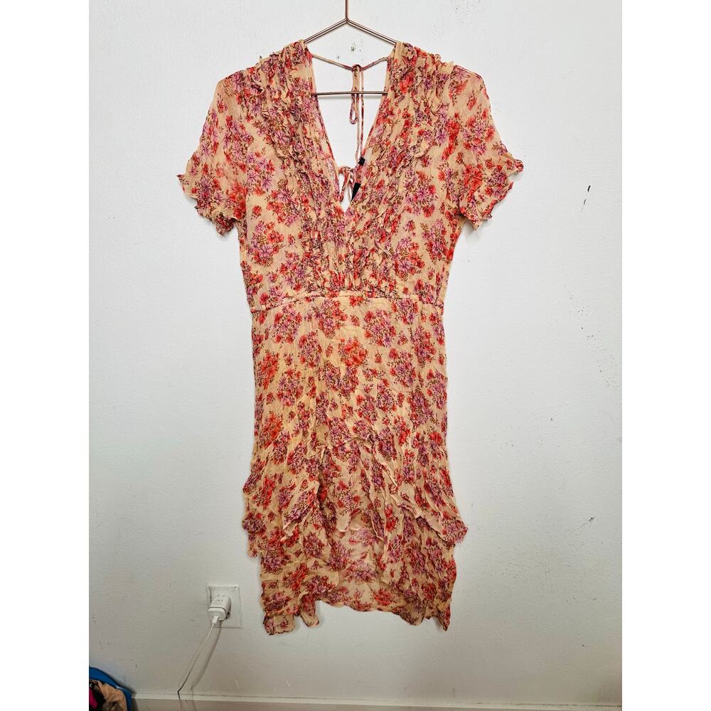 THE KOOPLES Pink Floral Ruffle Hemline Midi Tie Back Floral Frill Dress sz 1 - Picture 2 of 16